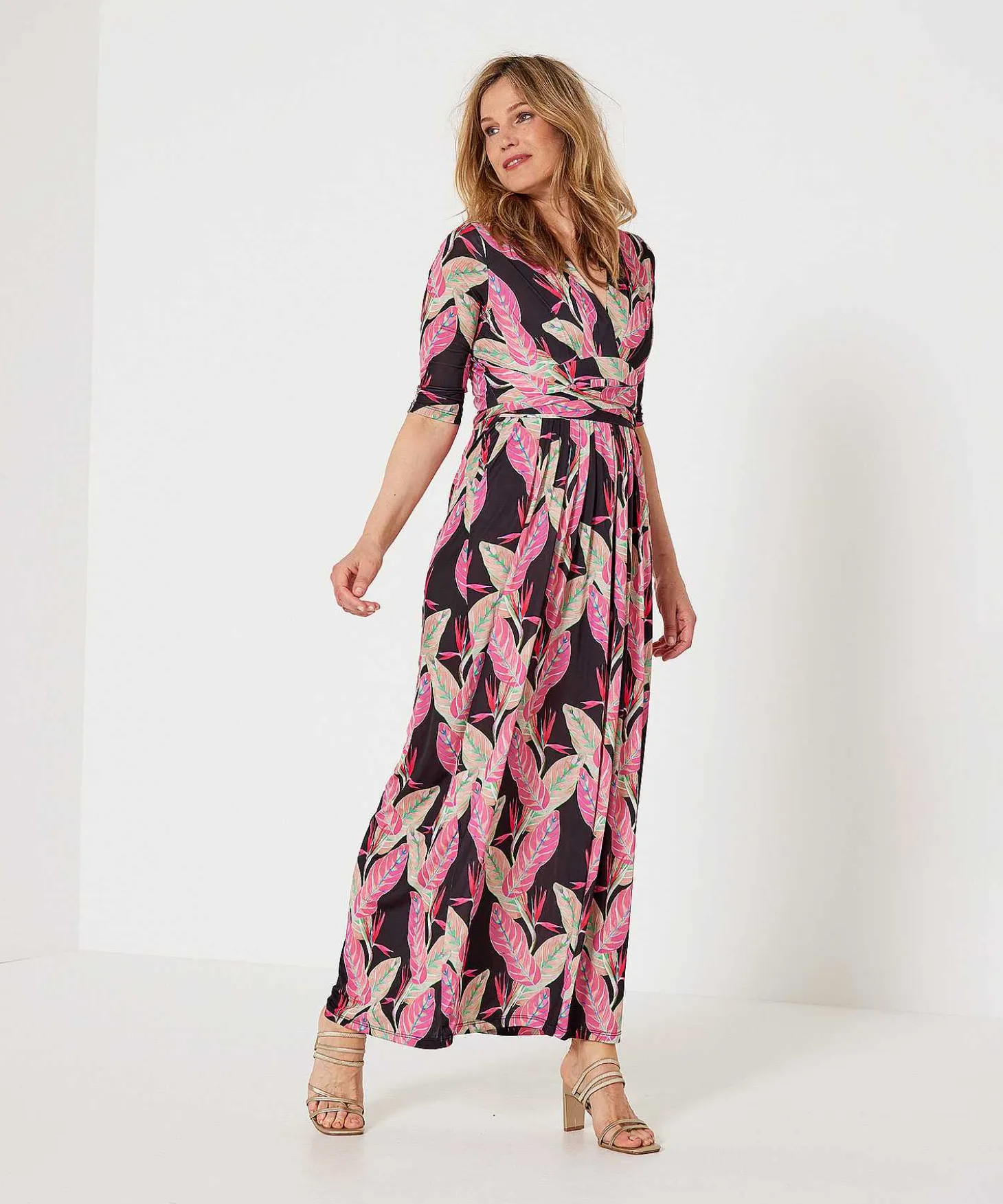 Marivie Slinky Maxi Jurk Leaves