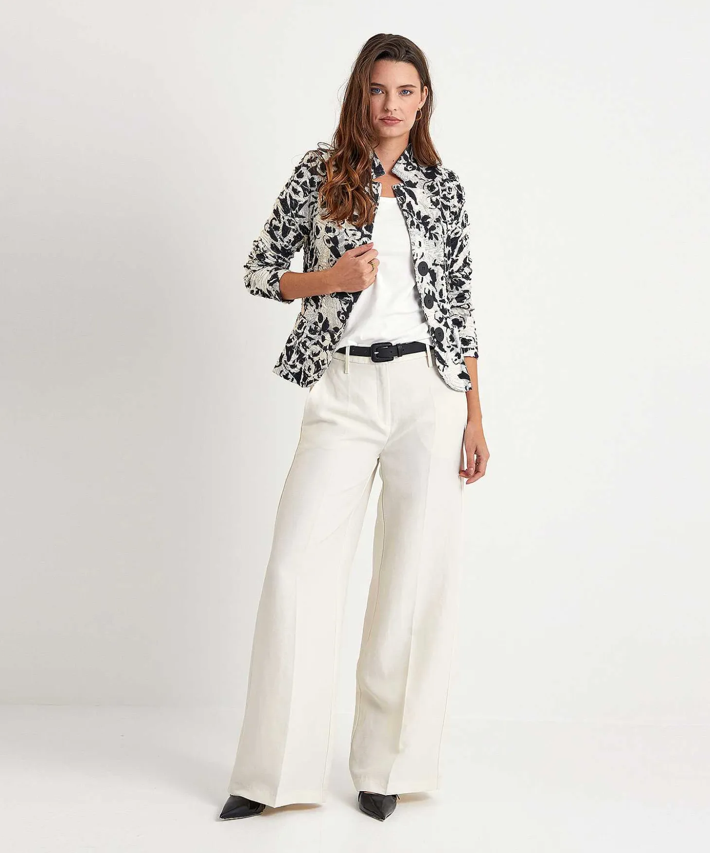 Ml Collections Structuur Blazer Bloemen Zwart Wit