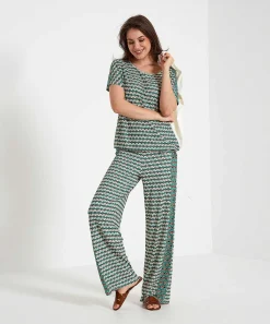 Oui Slinky Wide Leg Broek Retroprint
