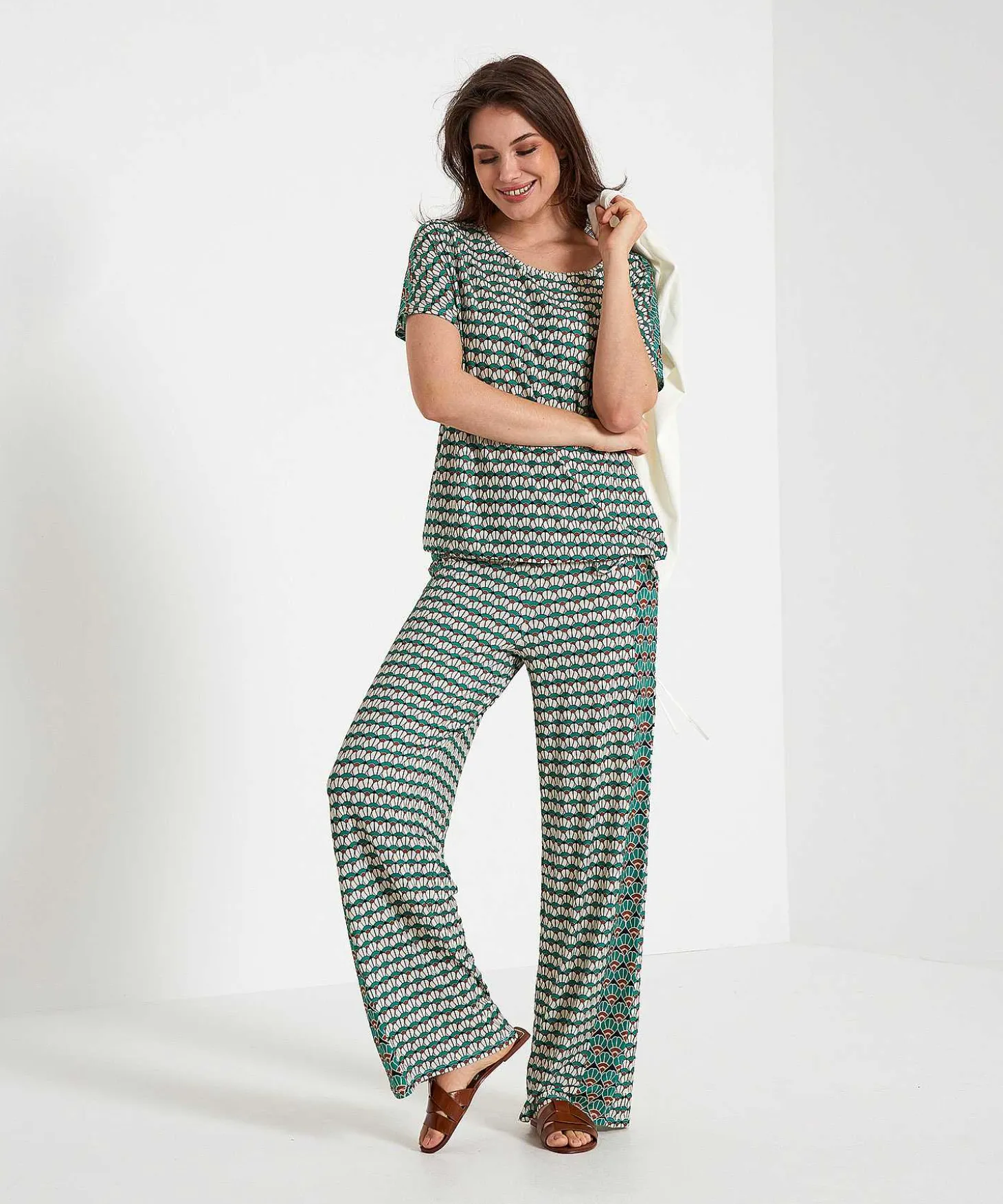 Oui Slinky Wide Leg Broek Retroprint